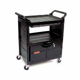 Rubbermaid Utility Cart, 3 Shelves, Lockable Doors, Sliding Drawer, Smooth Surface, Handles